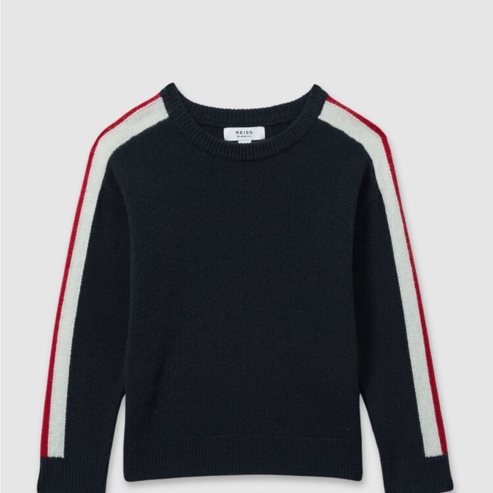 Velvet 100% Cashmere Navy Sweater with Red and White Stripes